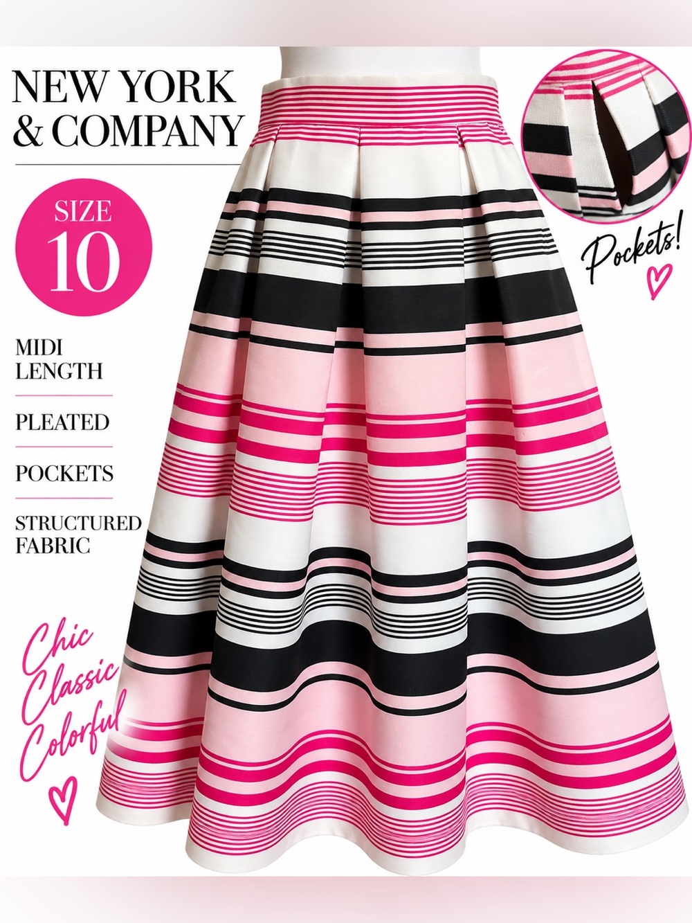 New York & Company Pink, Black & White Striped Pleated Midi Skirt